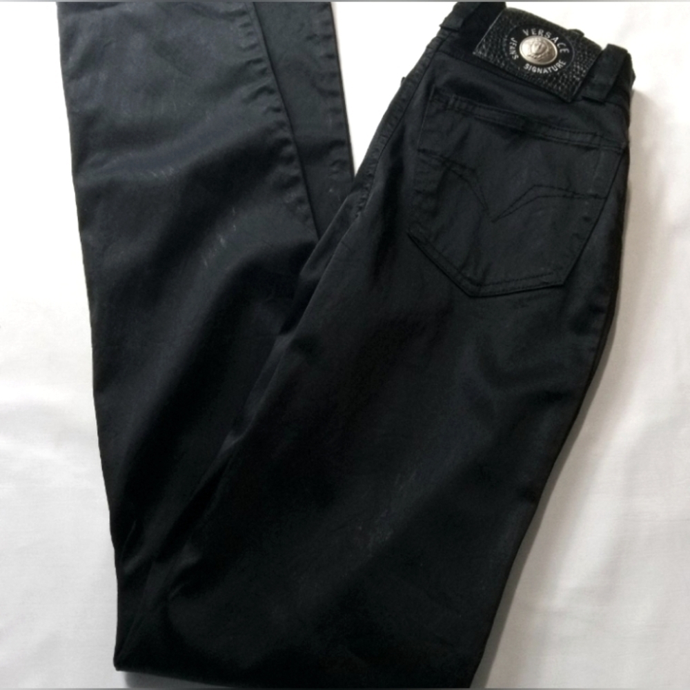 Versace Y2K Vintage signature jeans women's size 26/40 black satin finish Nwot